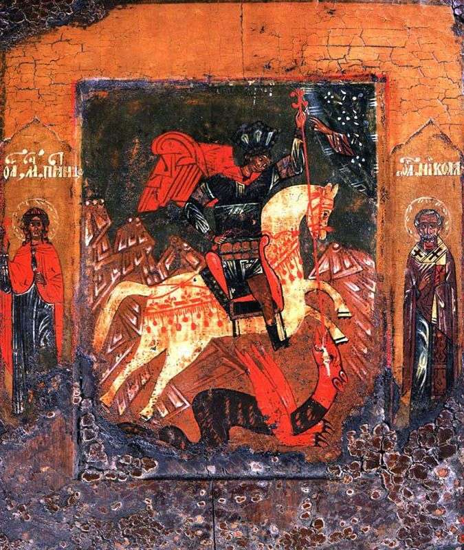 The miracle of St. George about the serpent, with Paraskeva on Friday and St. Nicholas the Wonderworker in the fields