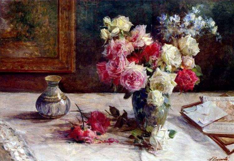 Roses in a vase and a few books on the table by Licinio Barzanti