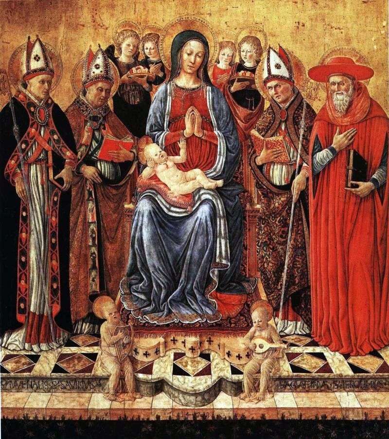 Maria and the baby on the throne, surrounded by the saints Juvenal, Sabina, Augustine, Jerome and six angels by Giovanni Boccati