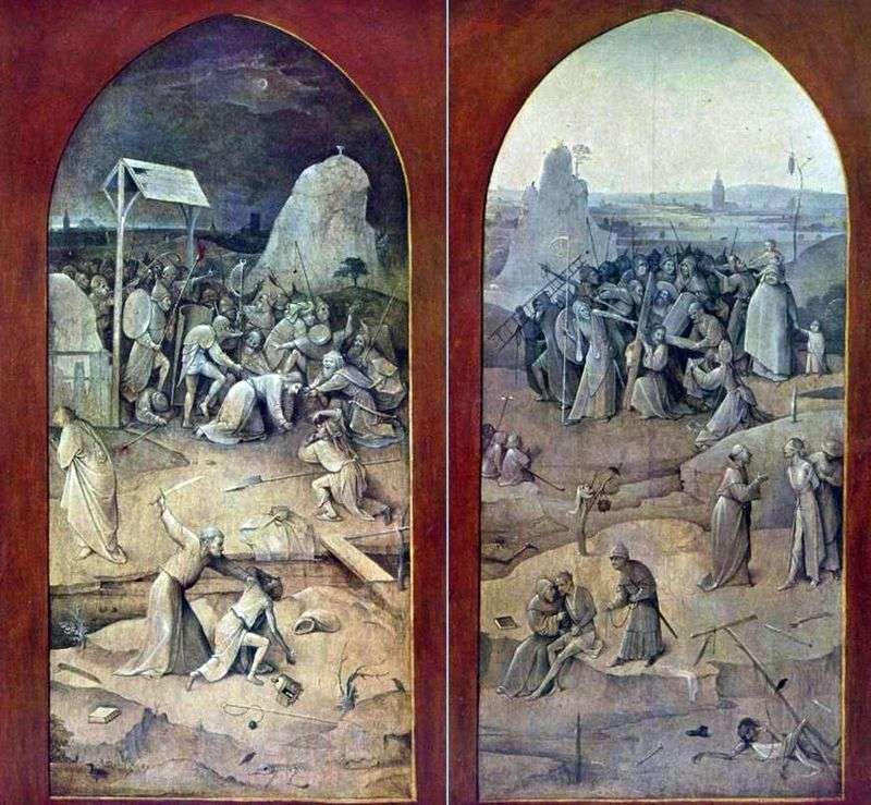 Taking in custody and Carrying the cross. The outer wings of the altar by Hieronymus Bosch