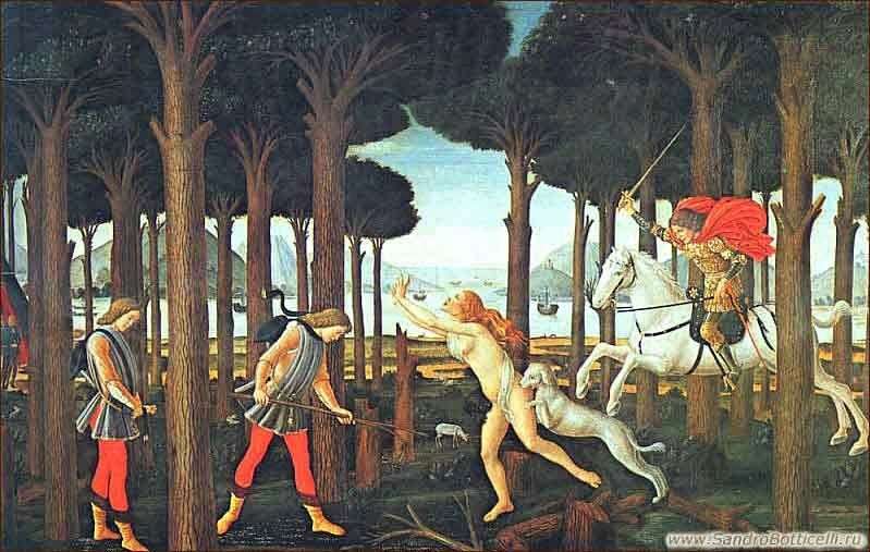 Novella Boccaccio Nastagio degli Onesti the first episode by Sandro Botticelli