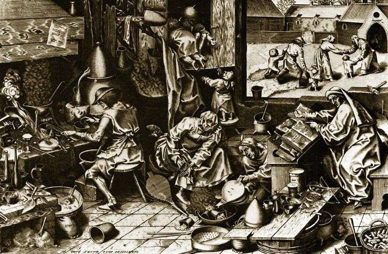 Alchemist. Engraving by Peter Brueghel