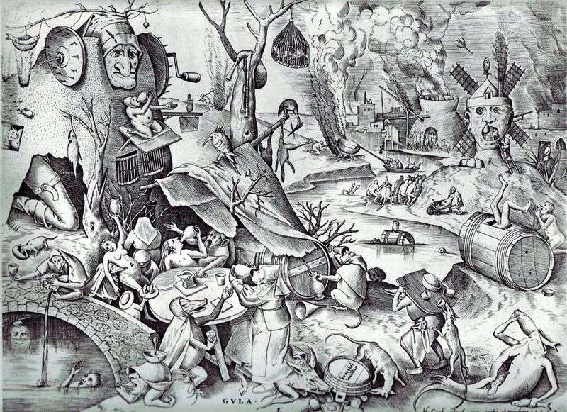 Gluttony. Engraving by Peter Brueghel