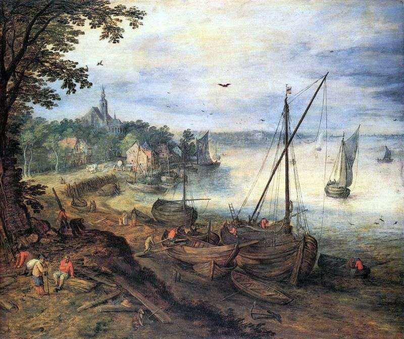 River landscape with lumberjacks by Jan Brueghel