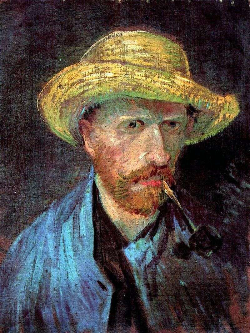 Self portrait in a straw hat with a pipe by Vincent Van Gogh