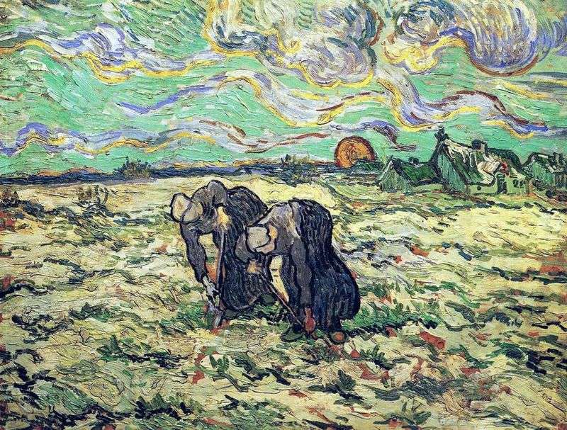 Two peasant women dig into the field with snow by Vincent Van Gogh