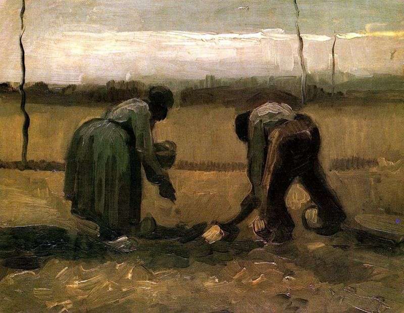 Peasant and peasant planting potatoes by Vincent Van Gogh