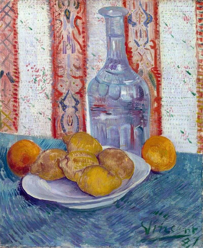 Still life with a decanter and lemons on a plate by Vincent Van Gogh