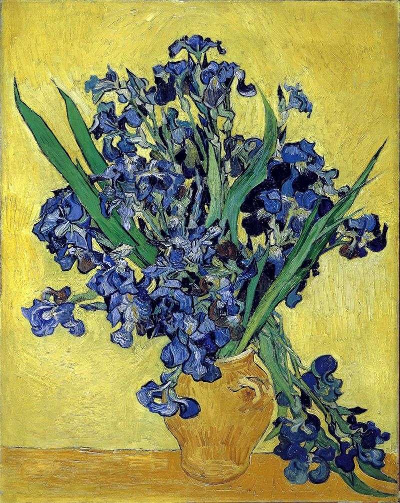 Still life: vase with irises on a yellow background by Vincent Van Gogh