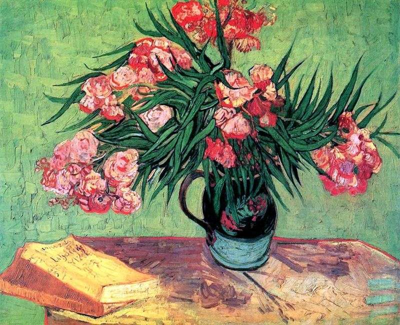 Still life: vase with oleanders and books by Vincent Van Gogh