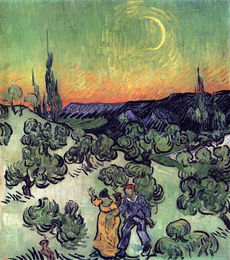 Landscape with a Walking Couple and a Crescent Moon by Vincent Van Gogh