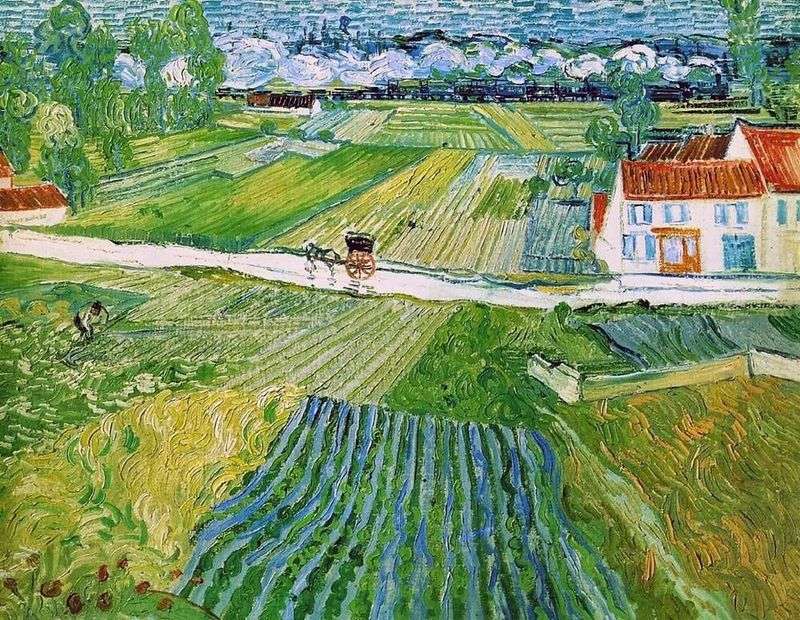 Landscape with crew and train in the background (Landscape in Auvers after rain) by Vincent Van Gogh