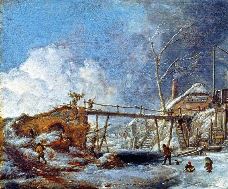 Winter landscape with a wooden bridge by Phillips Wouverman