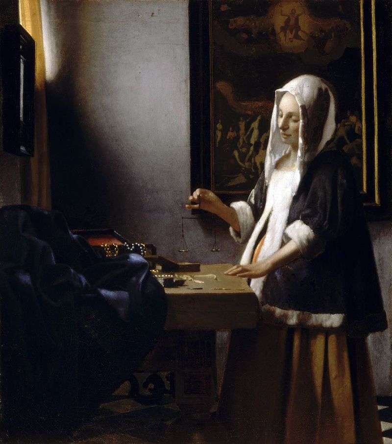 A woman busy with weights by Jan Vermeer