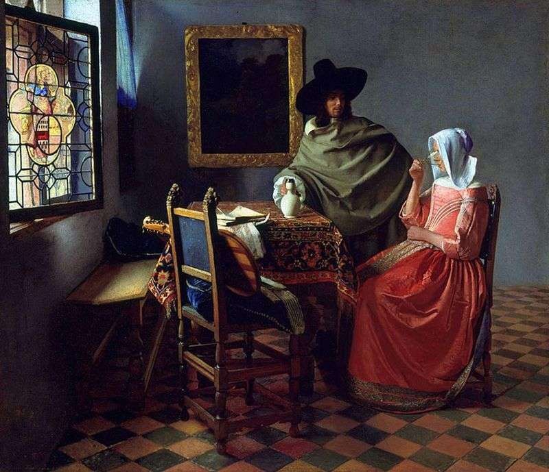 Cavalier, who treats the lady with wine ( Glass of wine ) by Jan Vermeer