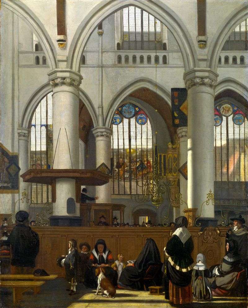 The interior of the Old Church in Amsterdam during the service by Emanuel de Witte