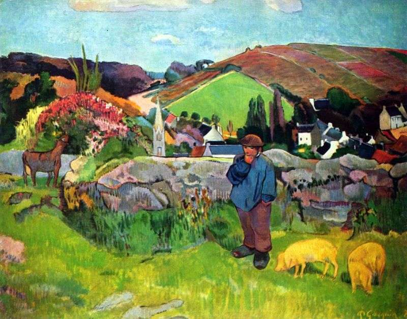 The Breton landscape with a swineherd by Paul Gauguin