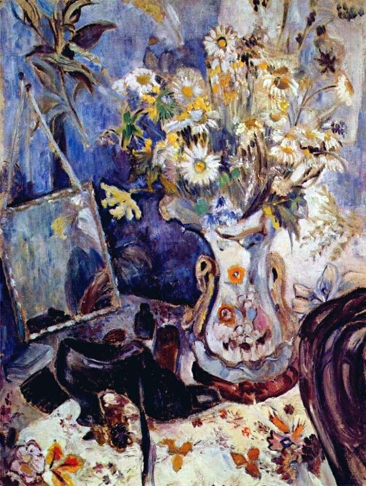 Still life with a shoe and a mirror by Natalia Goncharova