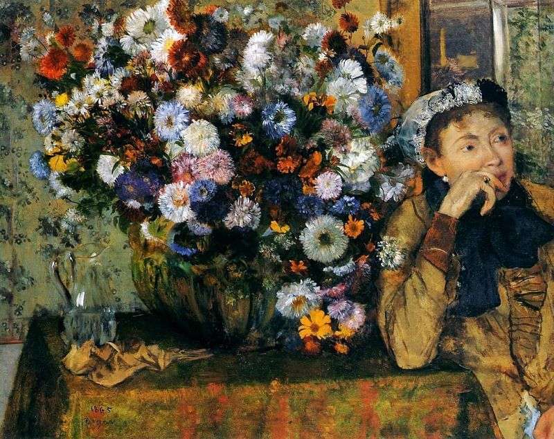 A woman sitting by a vase of flowers by Edgar Degas