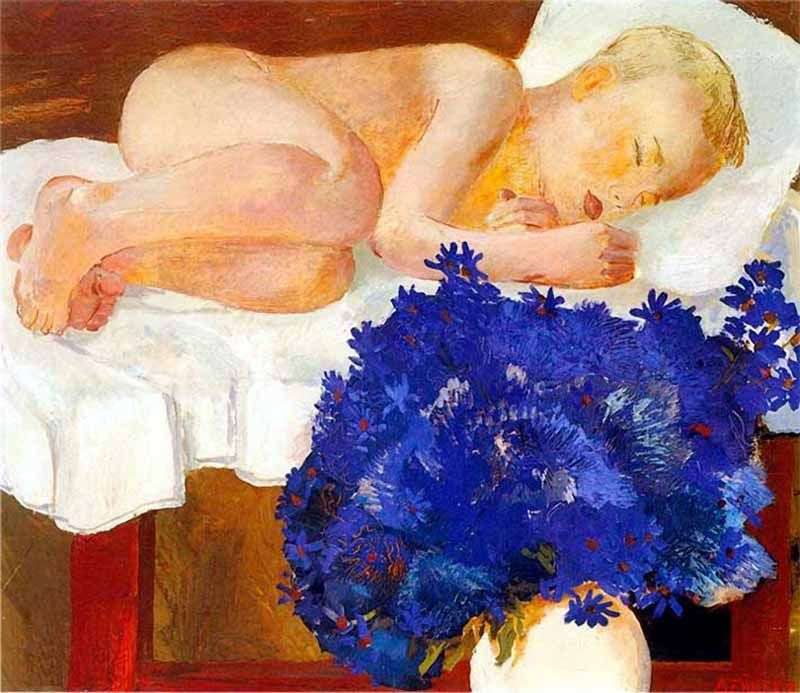 A sleeping child with cornflowers by Alexander Deineka