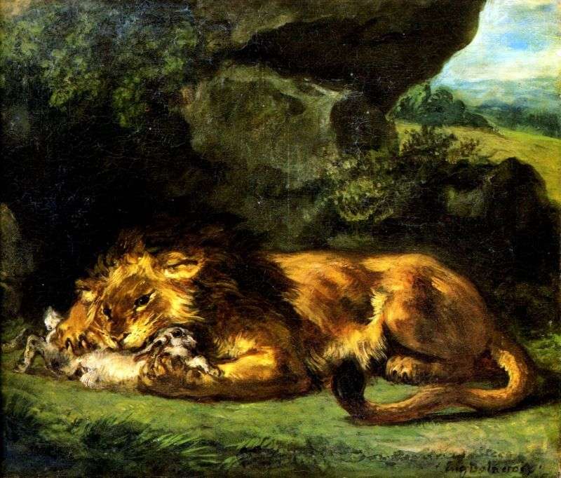 Lion devouring a rabbit by Eugene Delacroix