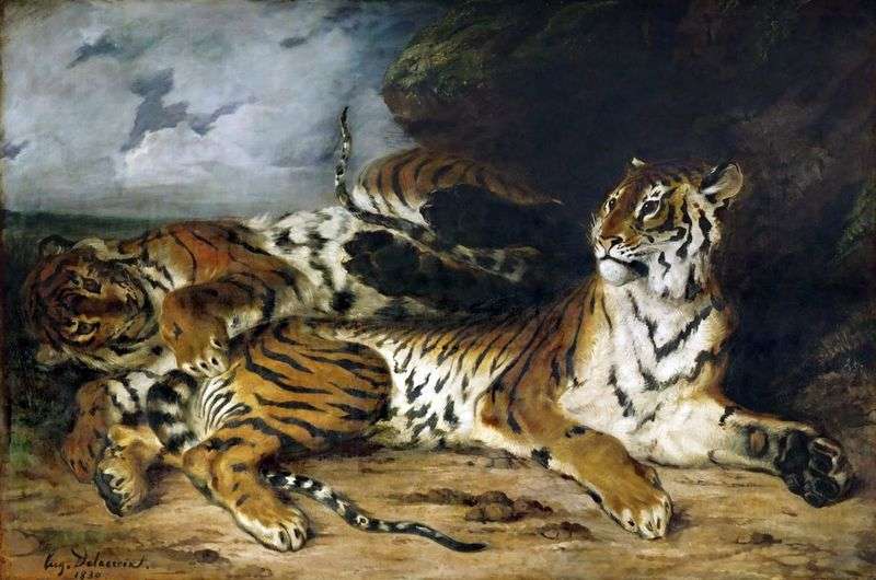 A tiger playing with his mother by Eugene Delacroix