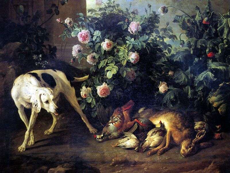 Still life with a dog and a bait game near a rose bush by Francois Deport