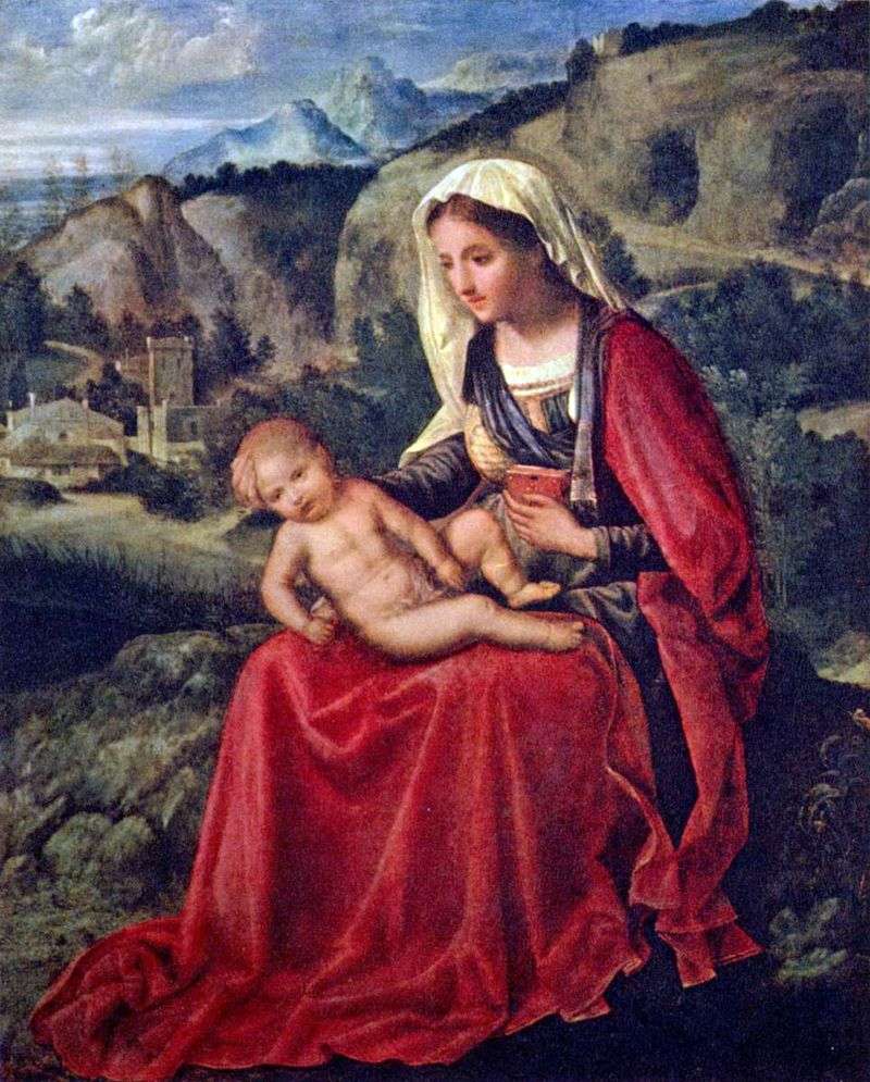 Virgin Mary with a baby in the background of the landscape by Giorgione
