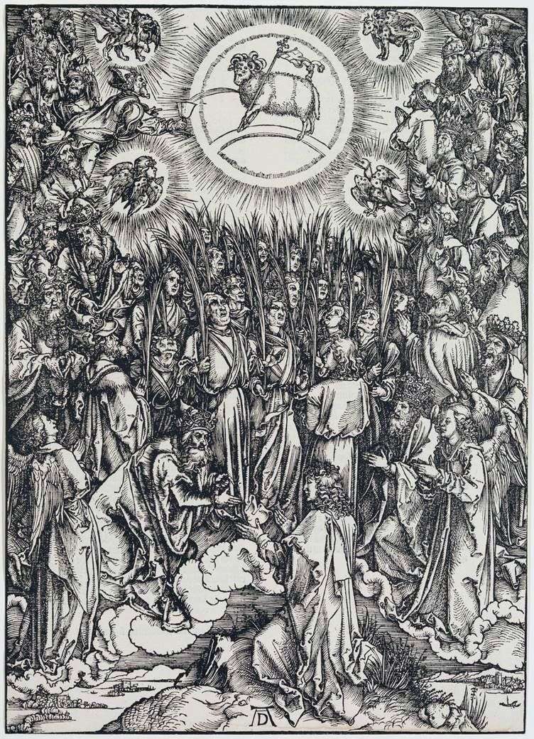 The Lamb of God and the hymn to the Elect. Engraving by Albrecht Durer