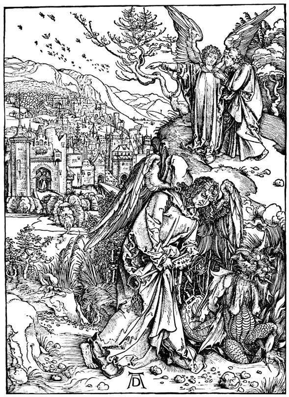 An angel with a key from Hell. Engraving by Albrecht Durer
