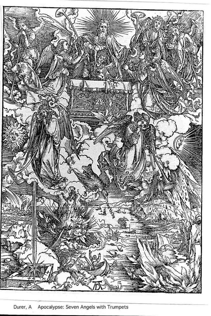 Angels and seven pipes. Engraving by Albrecht Durer