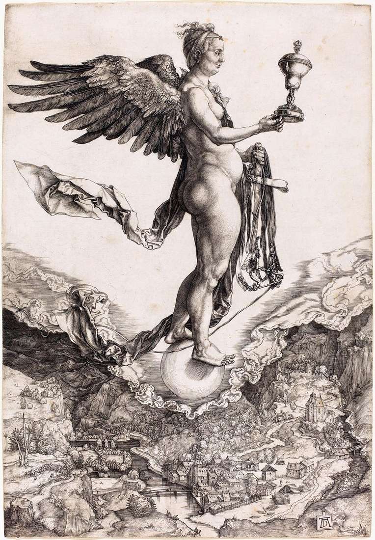 Nemesis or the Goddess of Fate. Engraving by Albrecht Durer