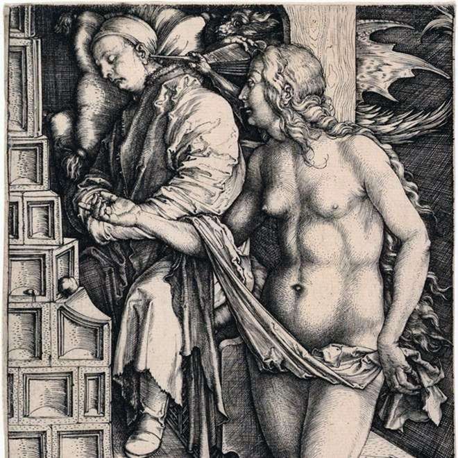 Seduction lazy. Engraving by Albrecht Durer