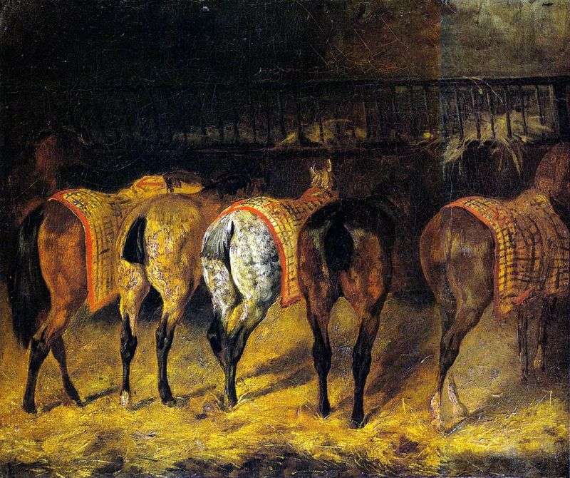 Five horses, rotated by groats, in the stables by Theodore Gericault