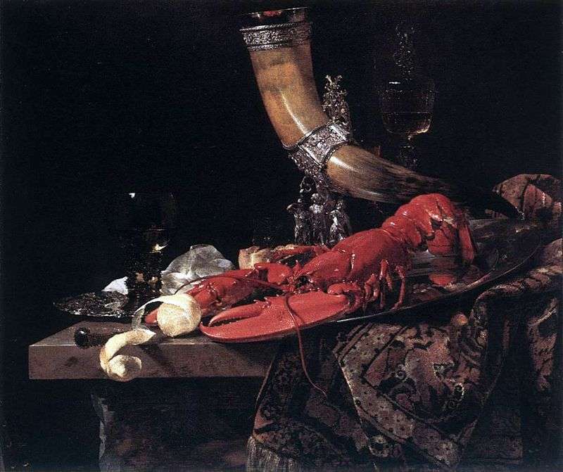 Still life with a drinking horn by lobster and glasses   Willem Kalf