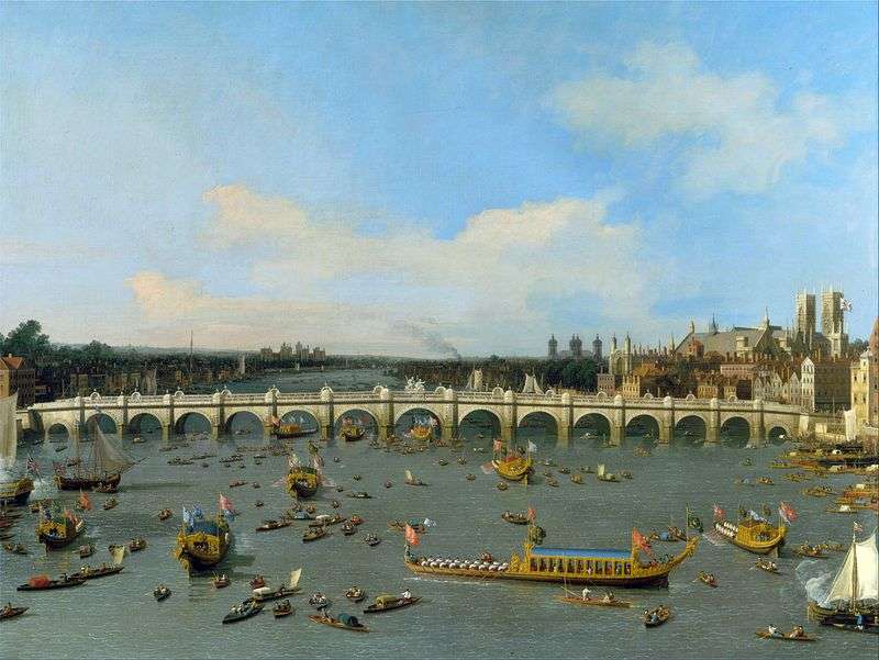 Westminster Bridge in London with a motorcade of the Lord Mayor on the Thames by Antonio Canaletto