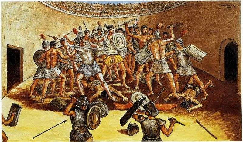 Battle of the gladiators in the arena by Giorgio de Chirico