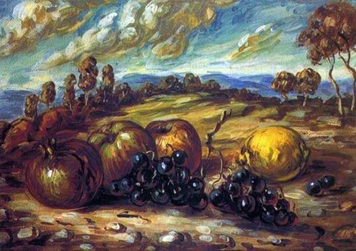 Fruit in the landscape by Giorgio de Chirico