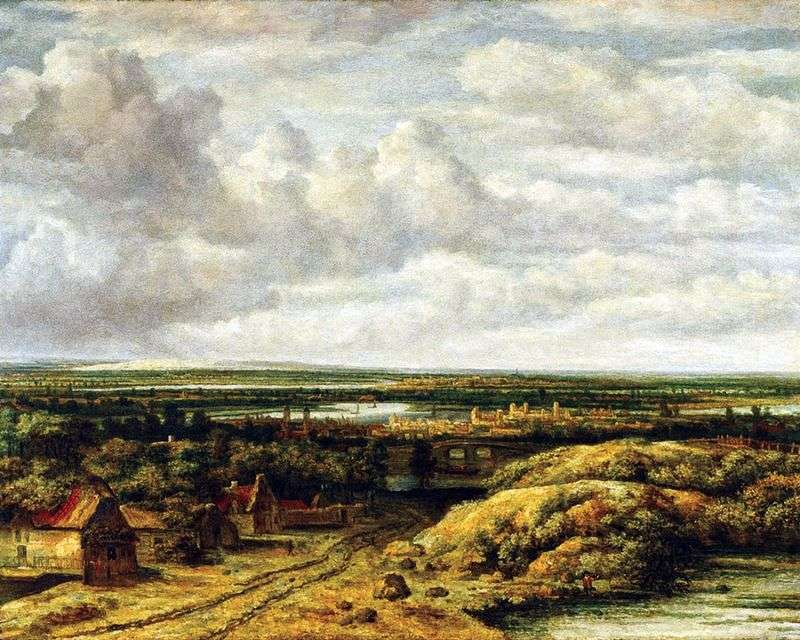 Landscape with huts by the road by Phillips Koninck