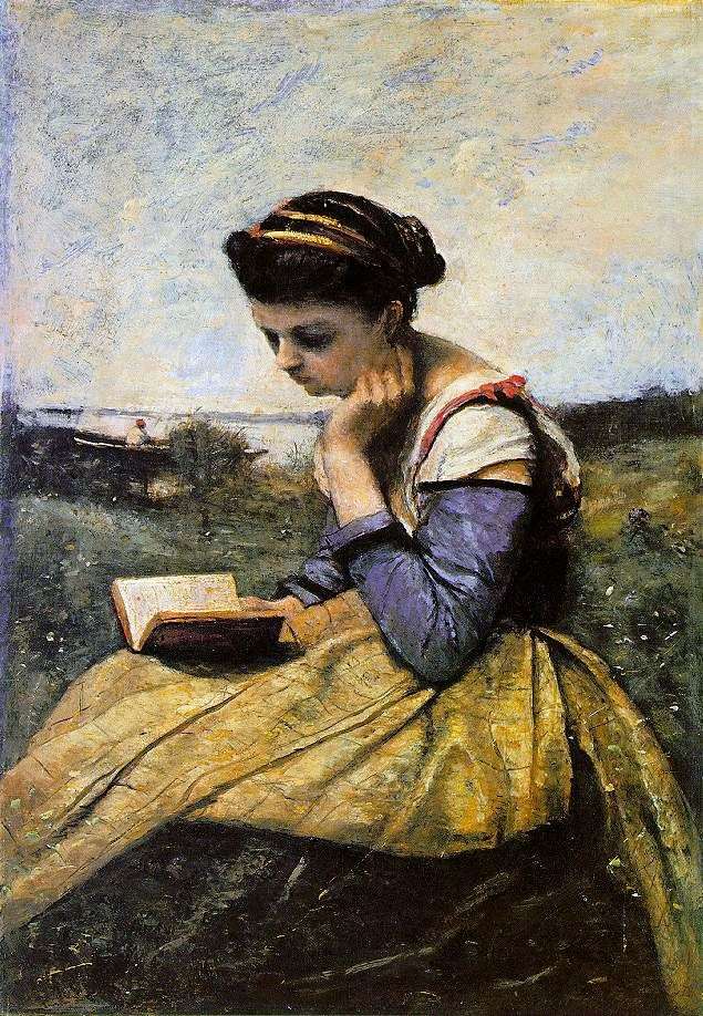 A reading woman in the landscape by Camille Corot