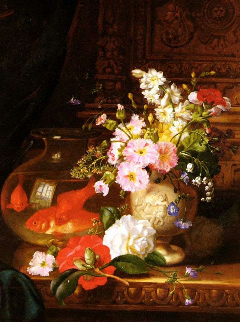 Still life with camellias, primroses, lilies and an aquarium with goldfish by John Wainwright