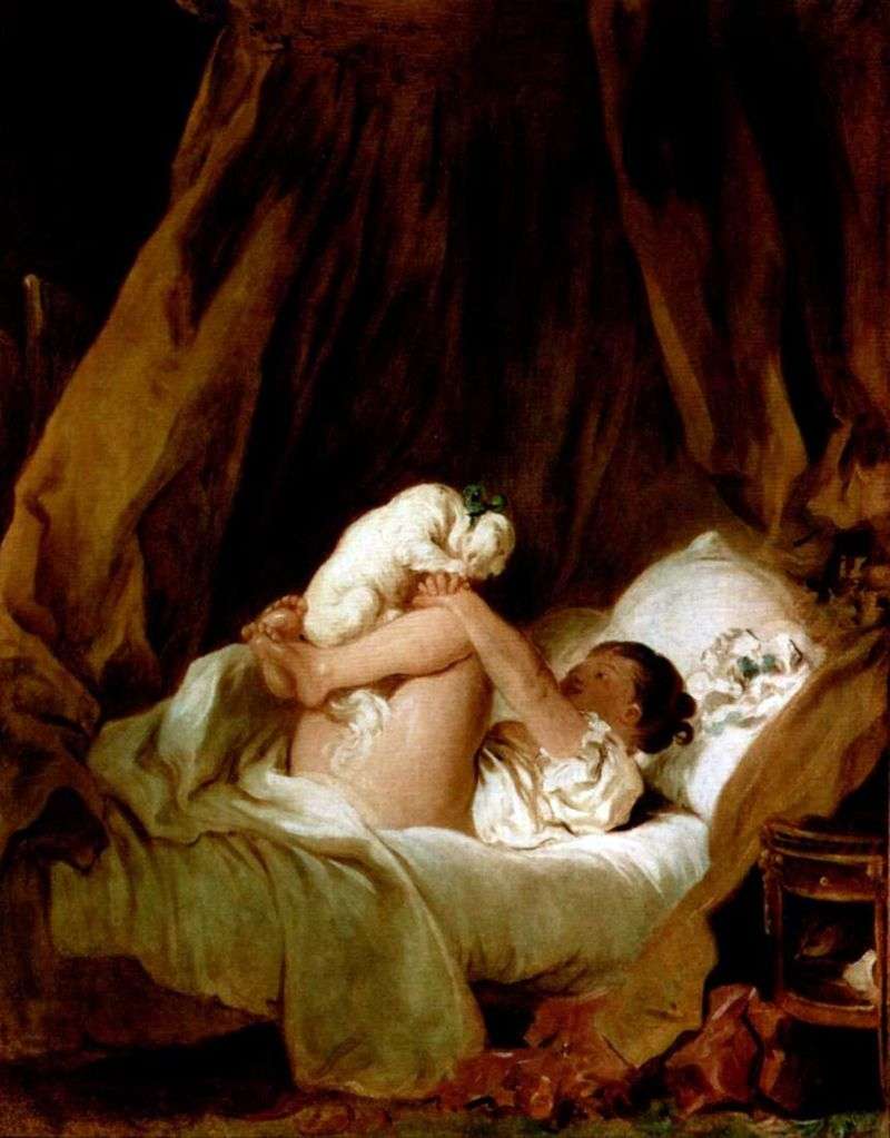 A girl in bed playing with a dog by Jean Honoré Fragonard