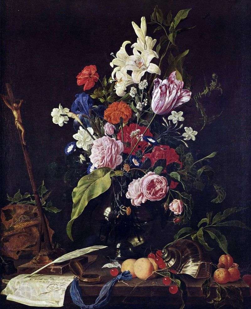 Flowers in a glass vase and fruit by Jan Davids de Hem