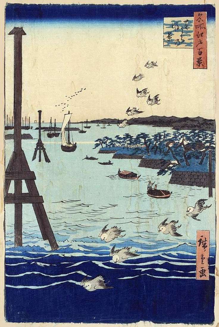 The bay in Sibaura. Painting, graphics, Japanese motifs, landscapes by Utagawa Hiroshige