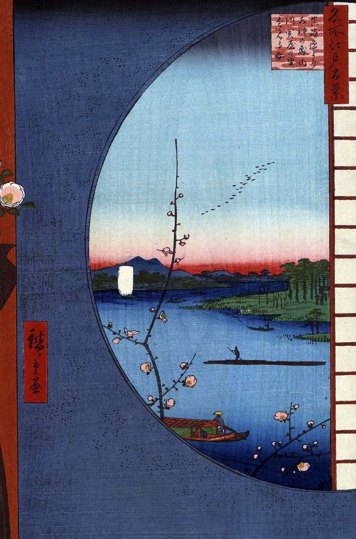 Sanctuary Massaki on the Utigawa River, the village of Sekiya no sato and the sanctuary of Suilzin no Mori by Utagawa Hiroshige