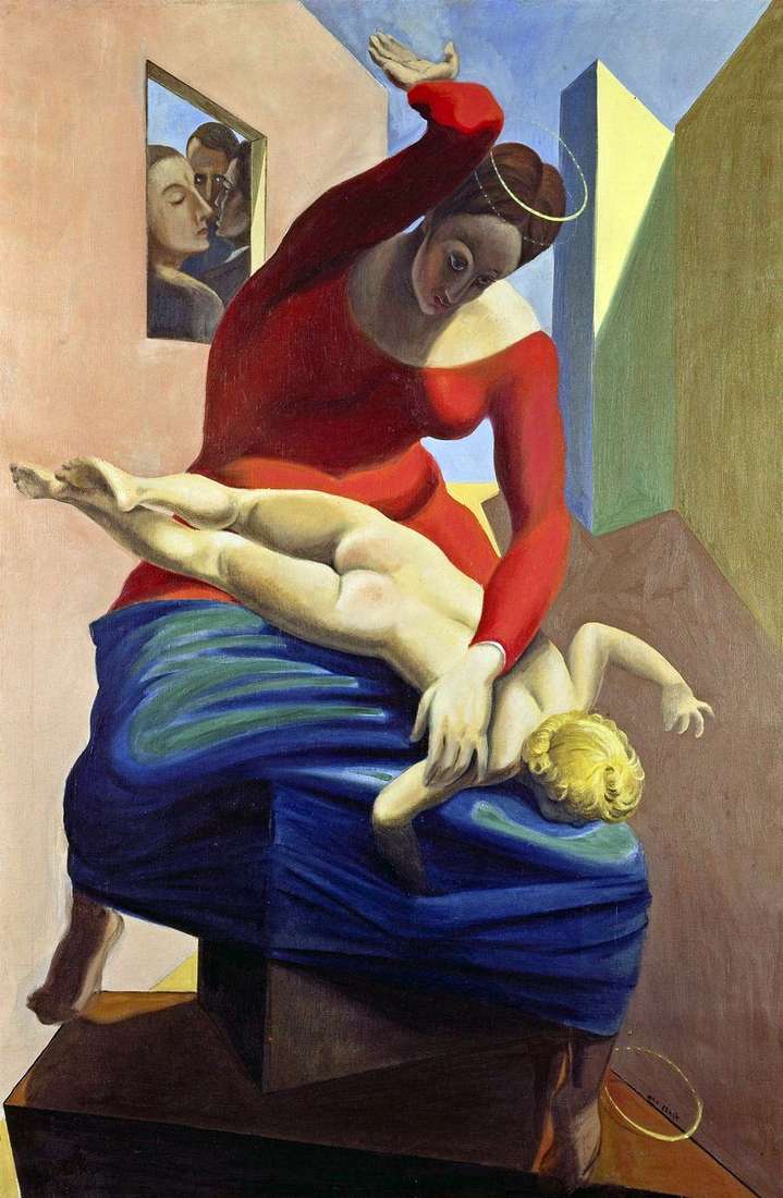 Madonna, spanking the baby of Christ before the three witnesses by Max Ernst