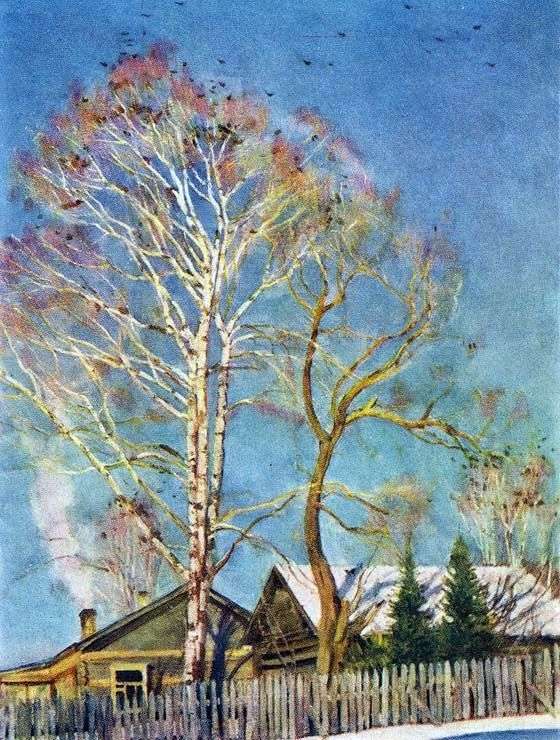 Blue morning. Rooks on birches by Konstantin Yuon