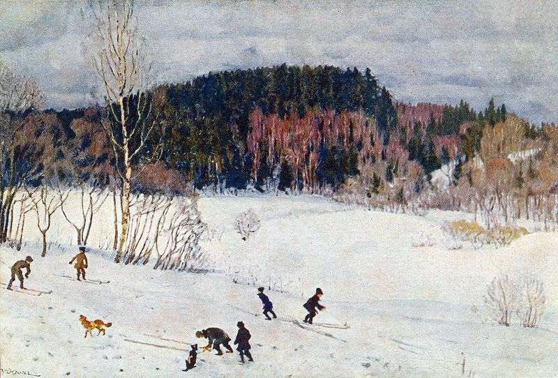 Landscape with skiers by Konstantin Yuon