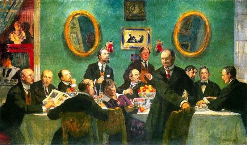 Group portrait of the artists of the World of Art by Boris Kustodiev