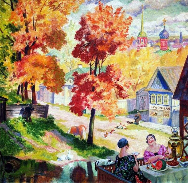 Autumn in the province. Tea drinking by Boris Kustodiev